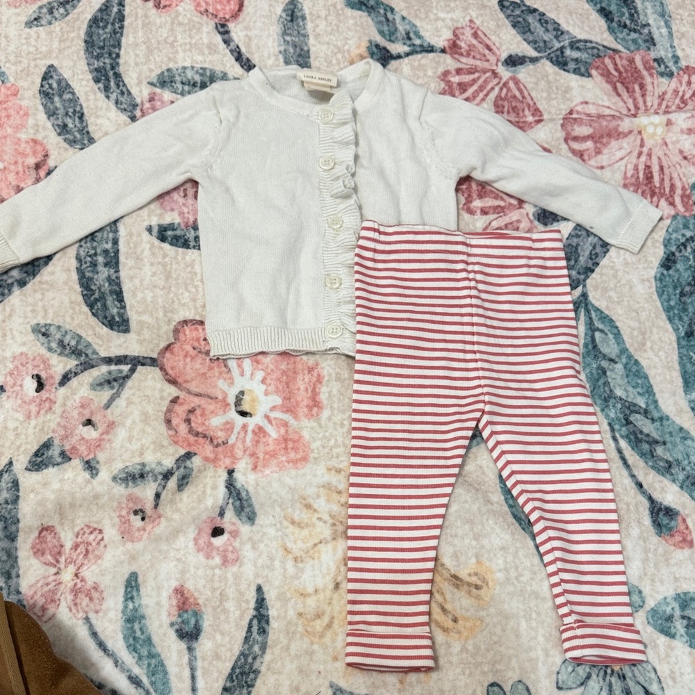 Laura Ashley Cream Cardigan and Pink Striped Leggings Set